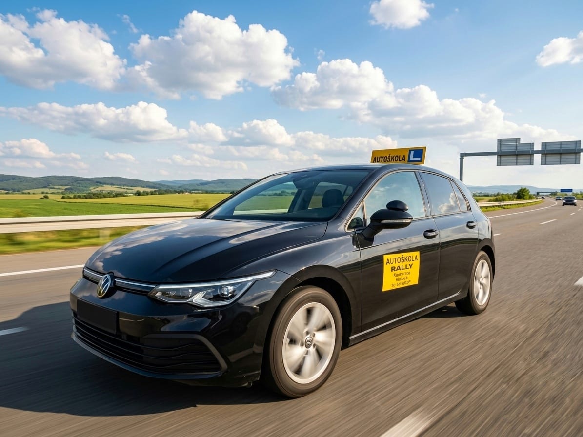 Crni VW Golf 8 Autoškole Rally u vožnji na otvorenoj cesti