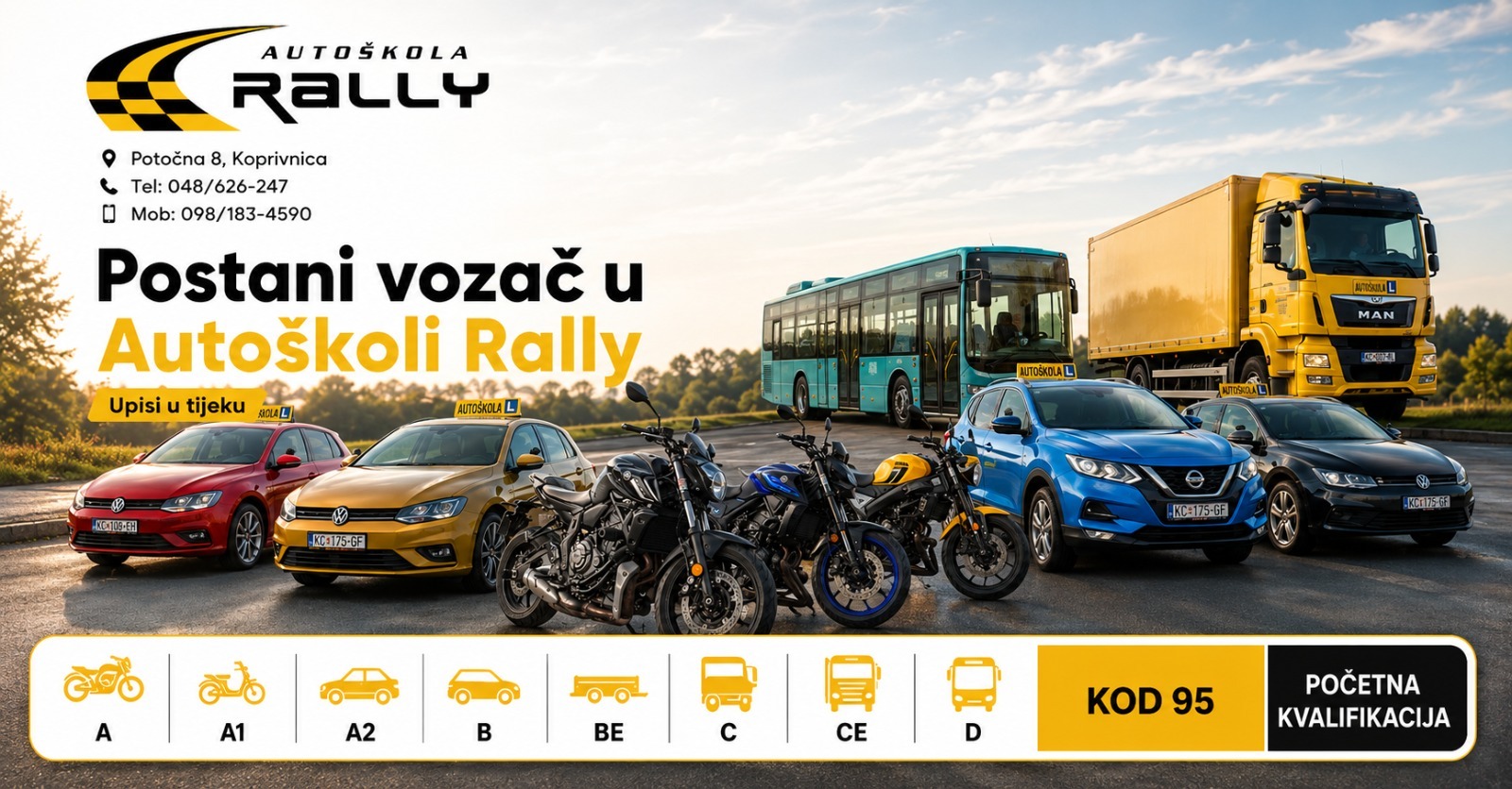 Vozni park Autoškole Rally Koprivnica – automobili, motocikli, kamion i autobus