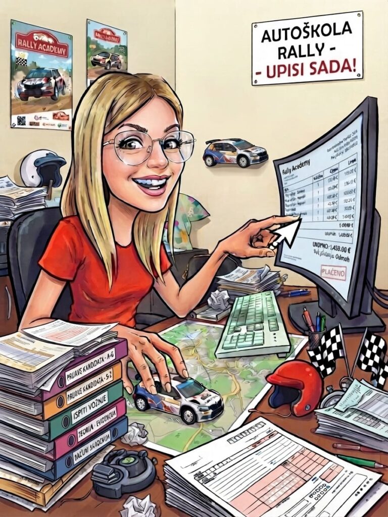 Karikatura administracije Autoškole Rally uz natpis upisi u tijeku