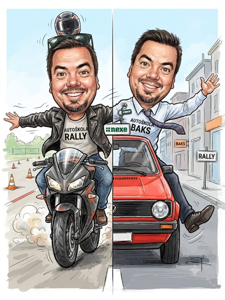 Karikatura instruktora Autoškole Rally na motociklu i u automobilu