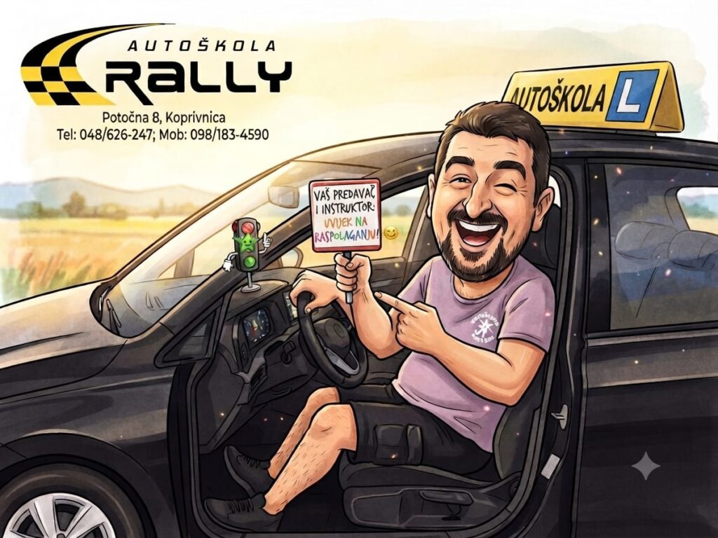 Karikatura instruktora Autoškole Rally za volanom automobila