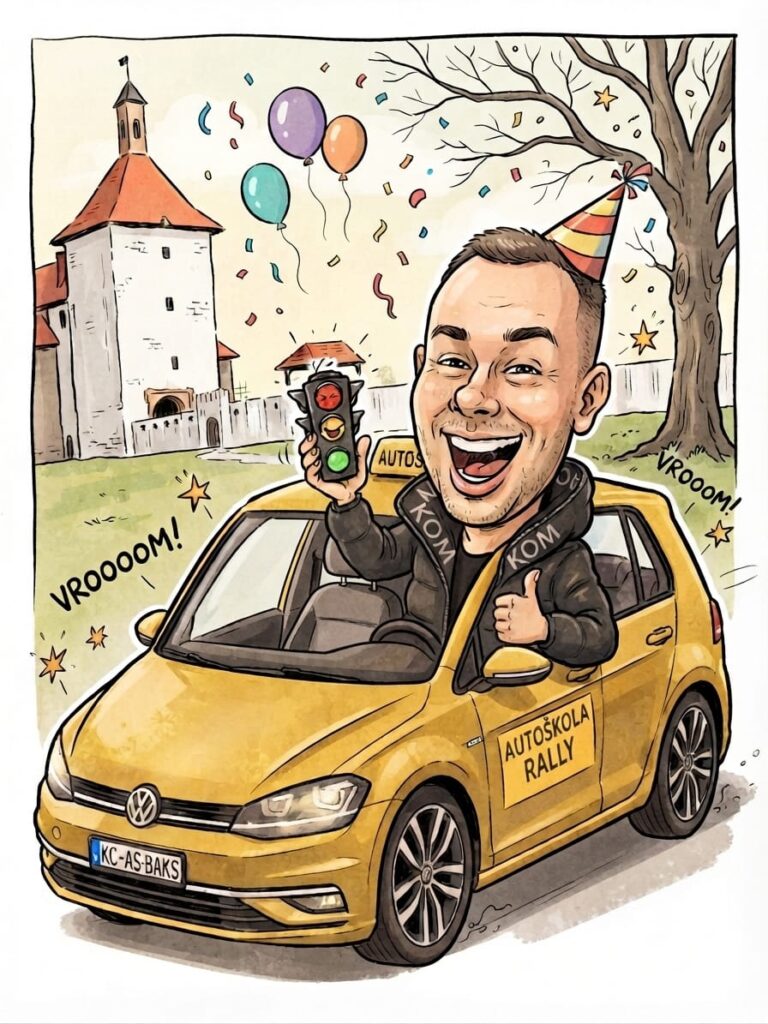 Karikatura instruktora u zlatnom VW Golfu ispred Starog grada Đurđevac